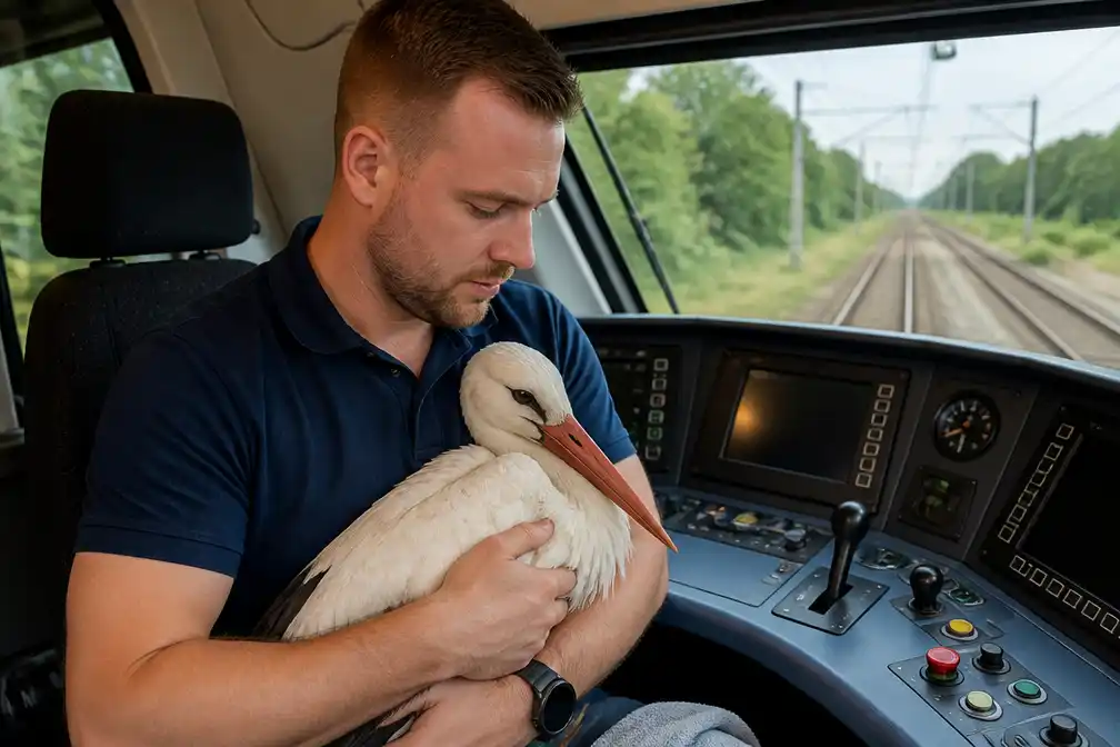 Machinist Rutger Teule stopt trein bij Zwolle om gewonde ooievaar te helpen